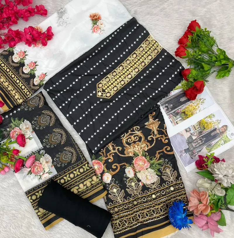 Ezra Nusrat Maslin Cotton Embroidery Pakistani Dress Material Wholesale Online